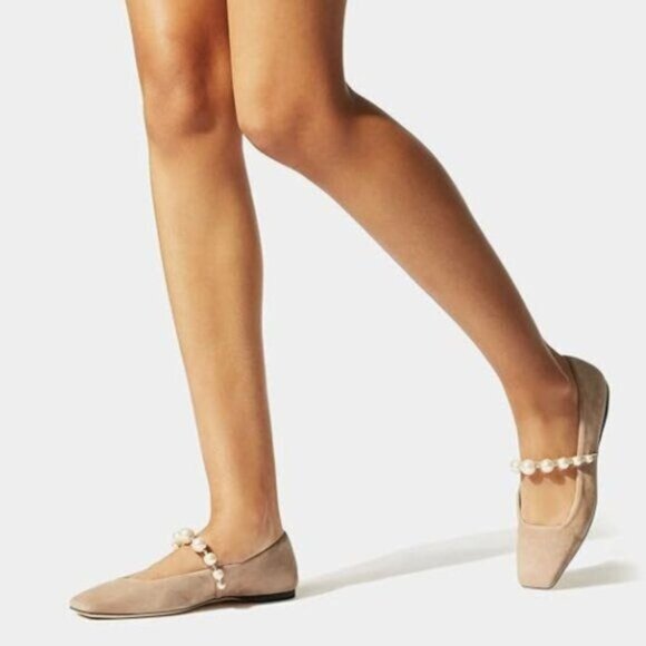 FOWT Nude Square Toe Slip on Flats Pearl Studded Strap Elegant Wedding Pumps - Picture 1 of 8